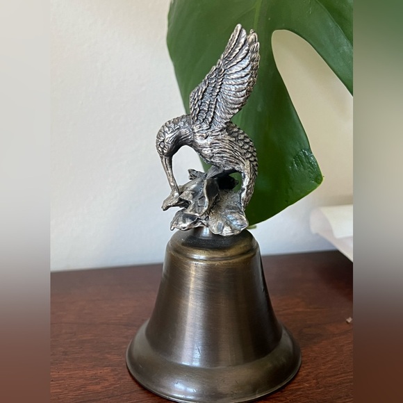 Vintage Pewter Hummingbird On Brass Bell Collectible About 5" Tall - Picture 3 of 6